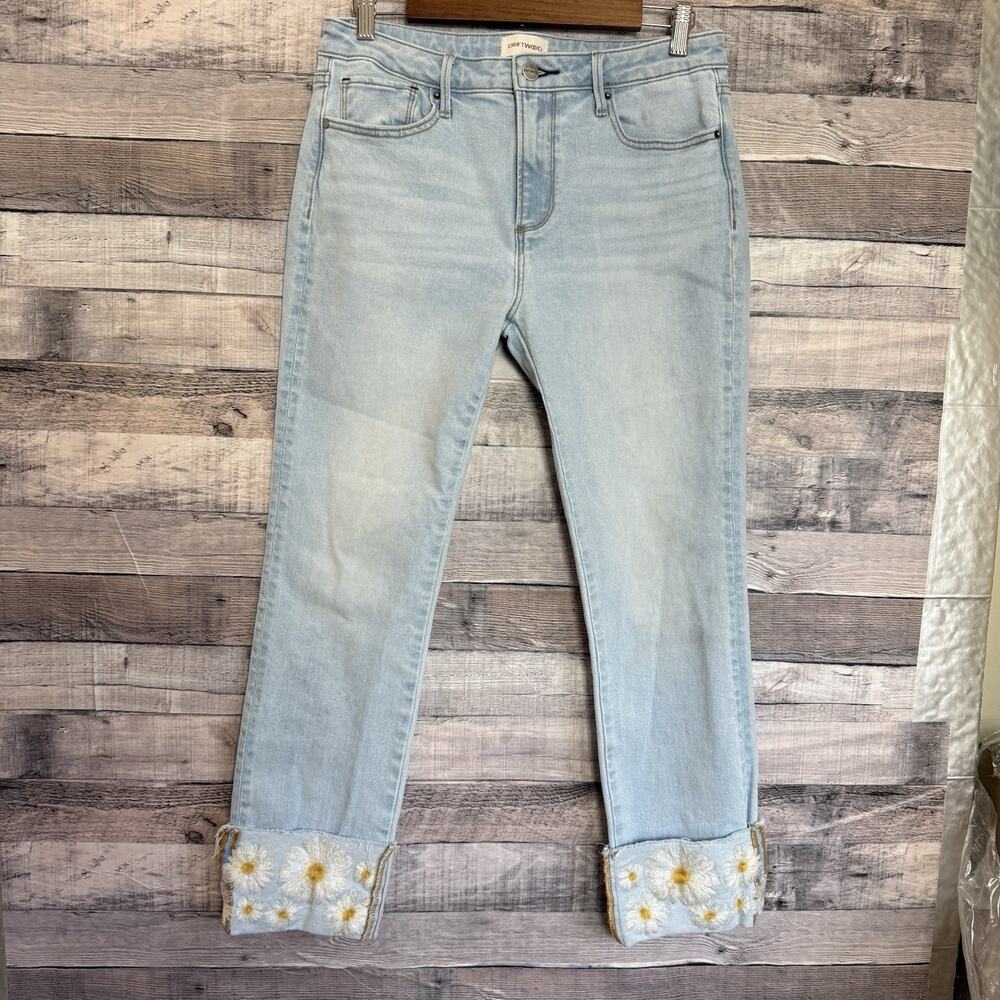 Driftwood Colette Embroidered Crop Straight Leg Cuffed Jean Daisy Daydream Sz 8